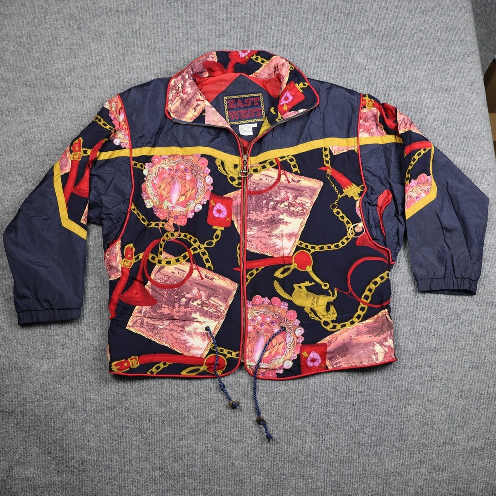 Vintage East West Jacket Womens 2X‎ Navy Baroque Equestrian Chain Print Zip 90s